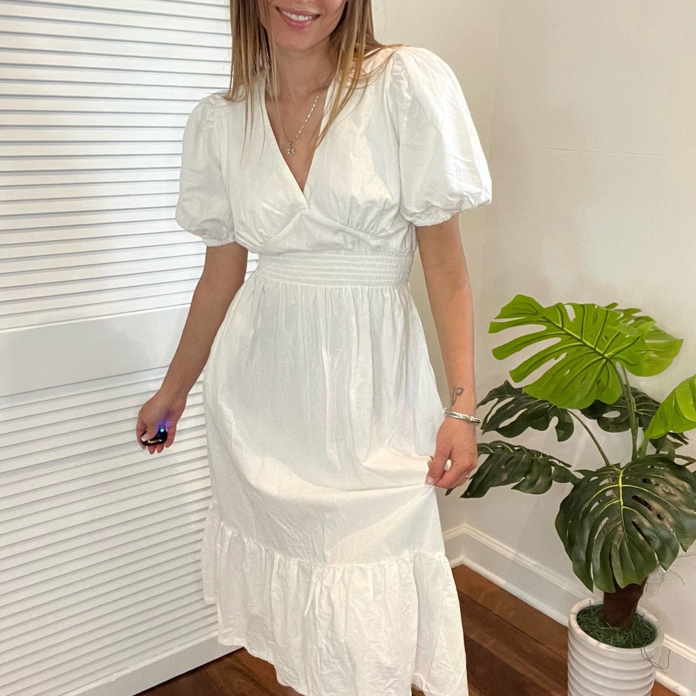 White Linen holiday midi dress A-line with elastic waist